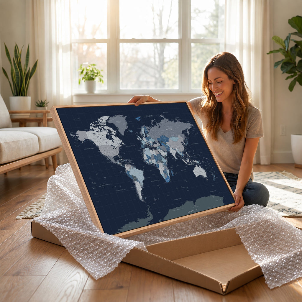 Blue Detailed World Map Wall Art Canvas Print | Modern Framed Map