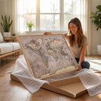 Grunge World Map Canvas Wall Art - Vintage Aged World Map with Golden Tones