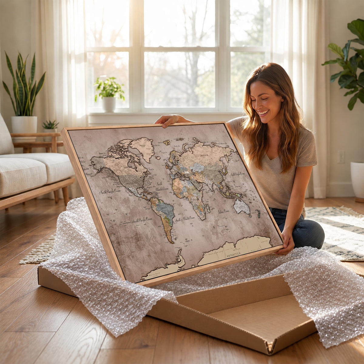 Grunge World Map Canvas Wall Art - Vintage Aged World Map with Golden Tones