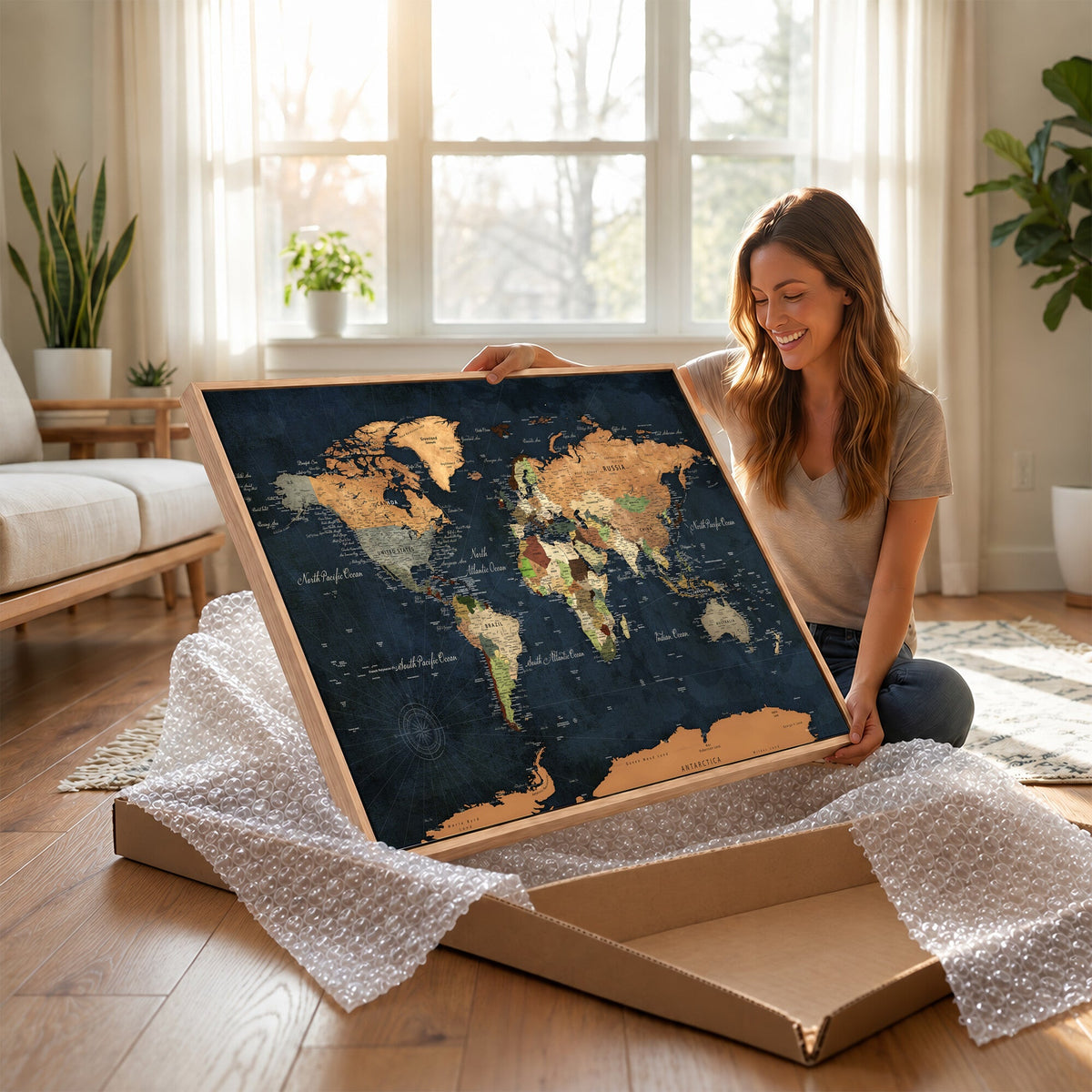 Vintage World Map Canvas Wall Art | Detailed Map with Countries, Oceans and Continents