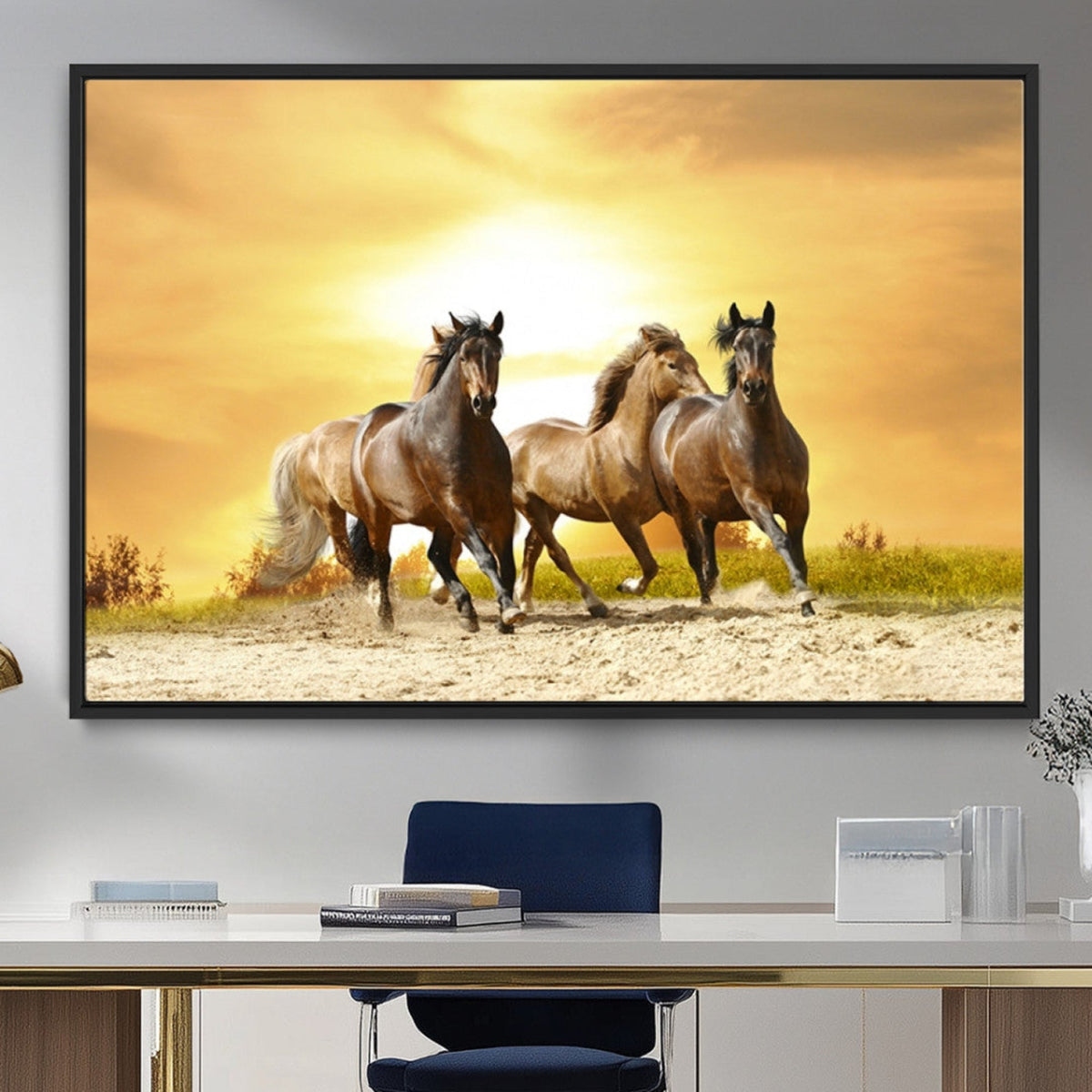 Wild Horses Wall Art Canvas Print, Framed Galloping Herd