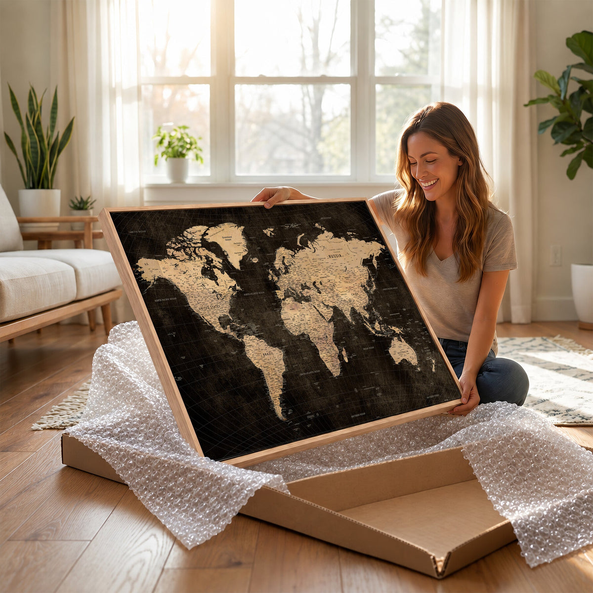 Brown World Map Canvas Print | Modern Travel Map Wall Art