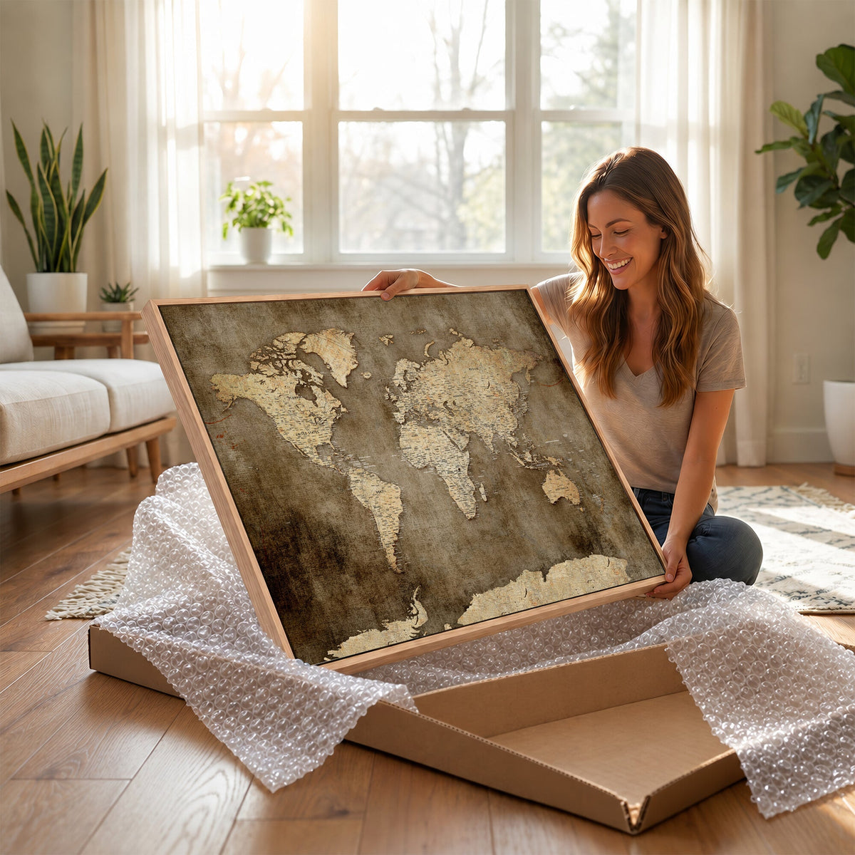 Dark Vintage World Map Canvas Wall Art Print, Antique Map Artwork