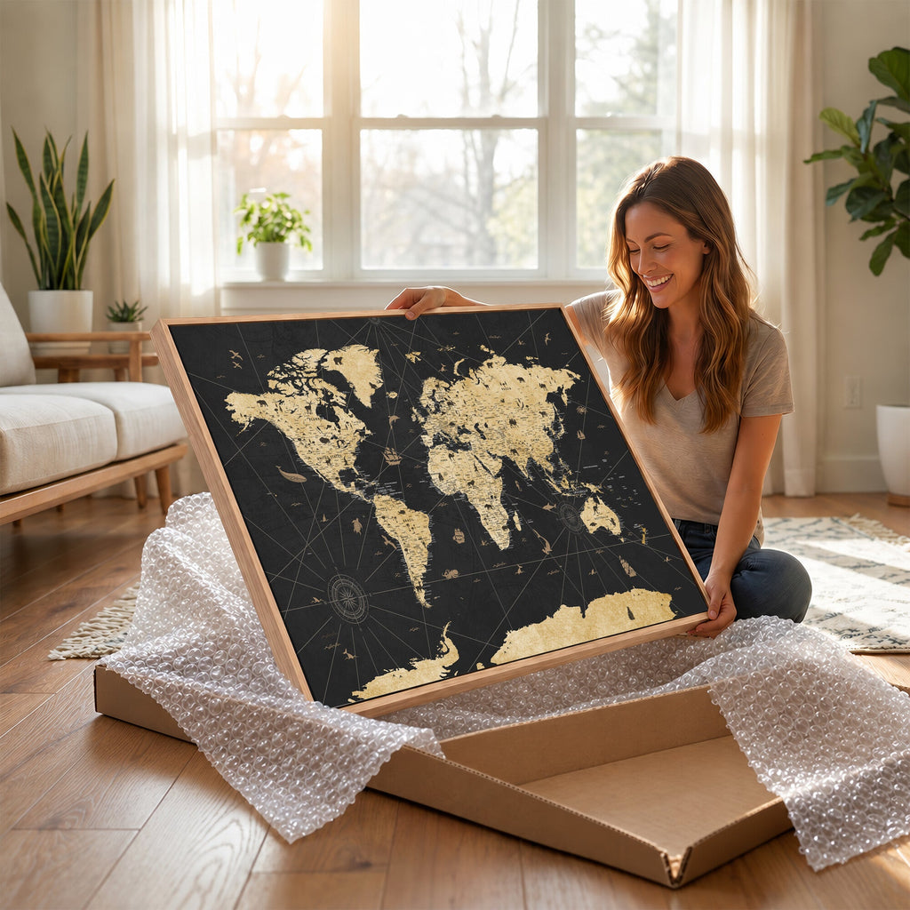 Vintage Blue and Brown World Map Canvas Wall Art | Framed Rustic Map Print