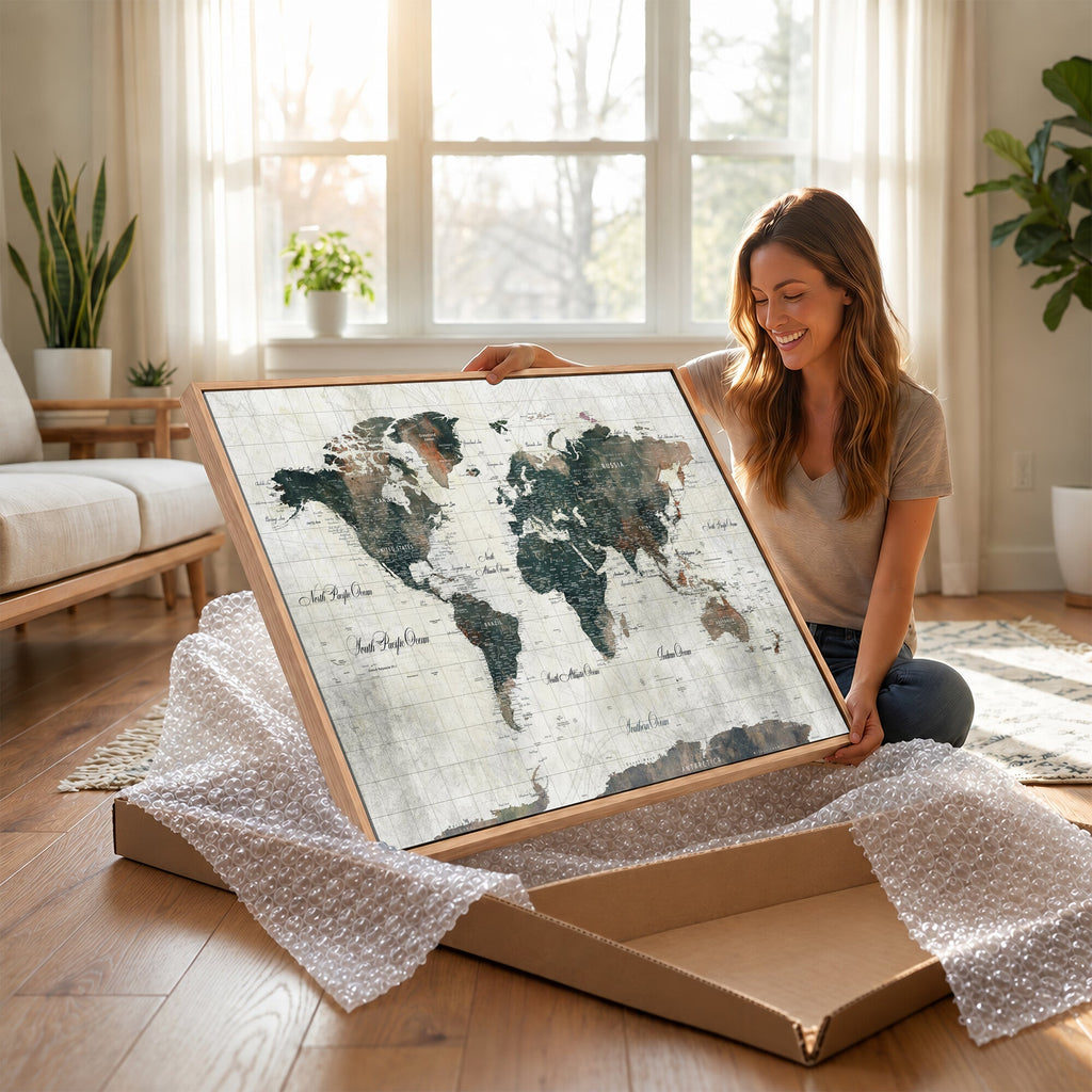 World Map Canvas Print | Framed Travel Map Wall Art for Couples