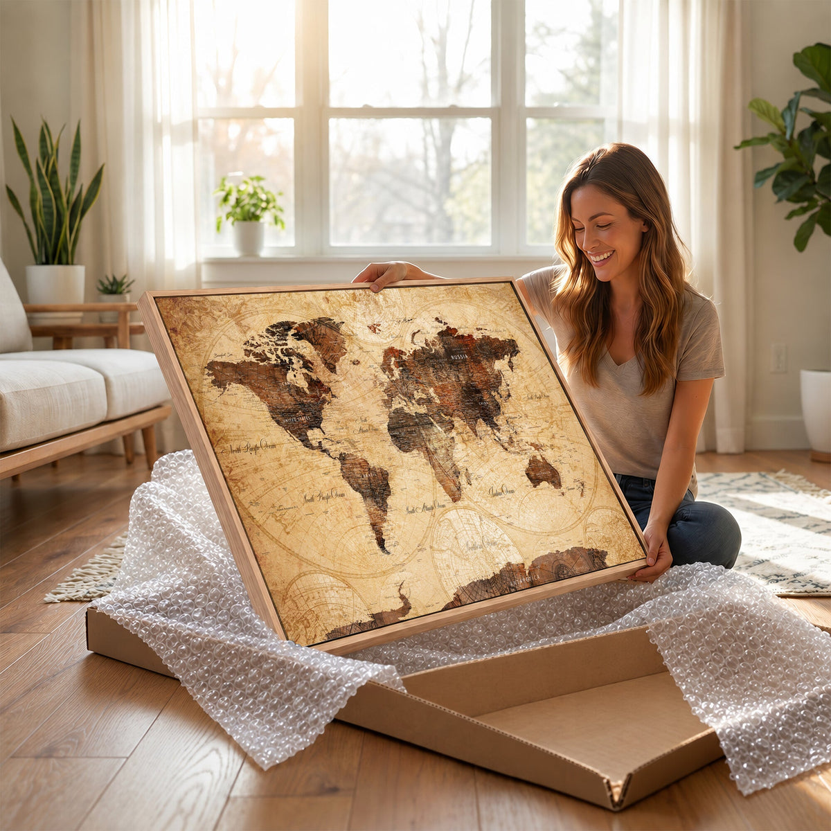 Modern Red and Gray World Map Canvas Print | Framed Wall Art