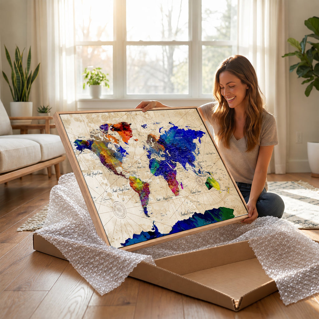 Watercolor World Map Canvas Print | Framed Wall Art for Couples