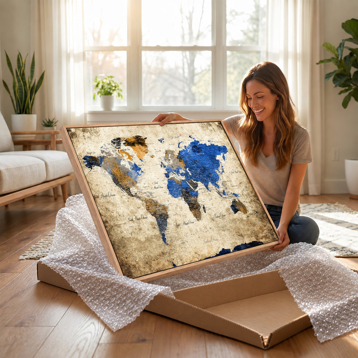 World Map Canvas Print | Colorful Abstract Travel Map, Framed Wall Art