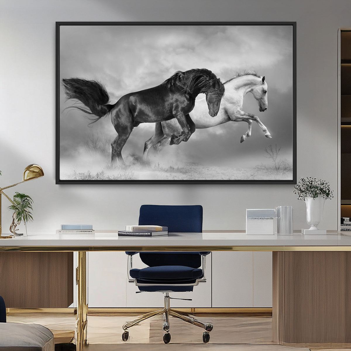 Wild Horses Wall Art Canvas Print, Framed Black and White Galloping Horses