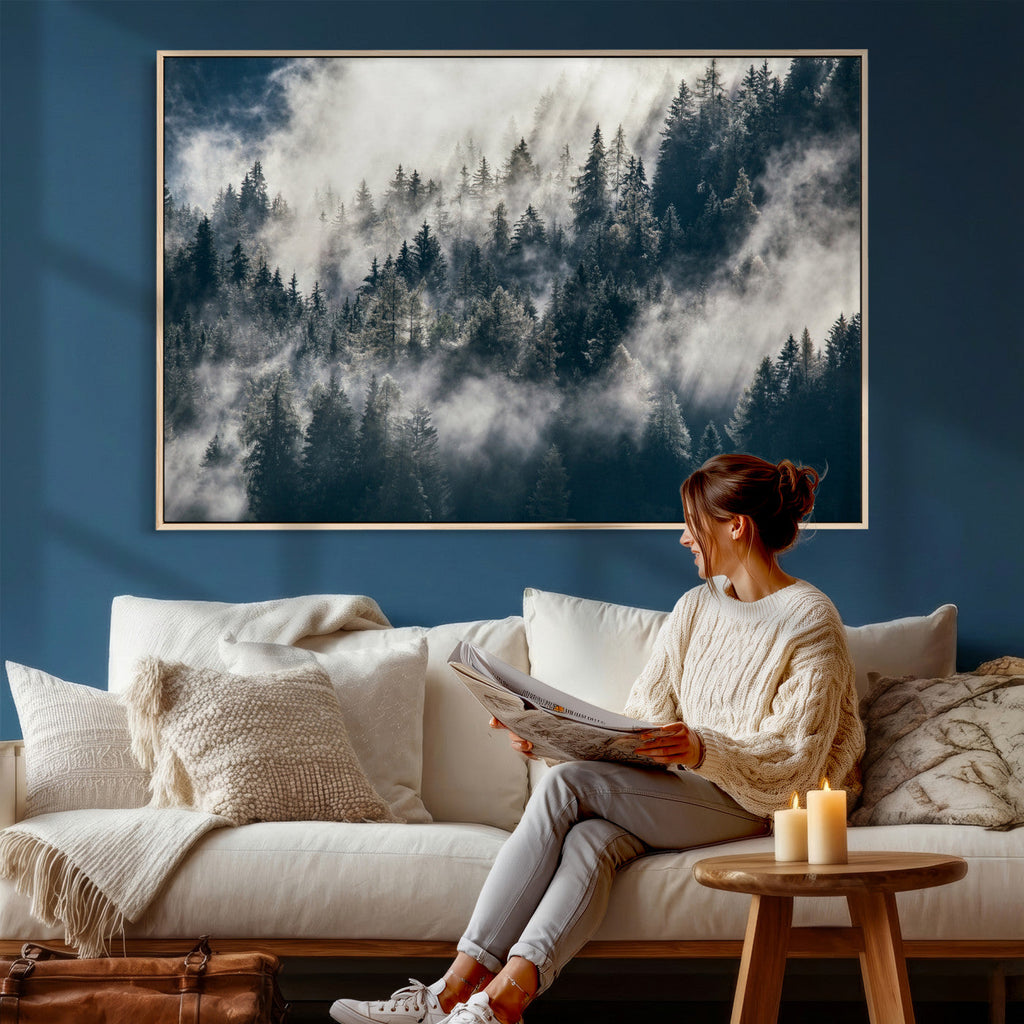 Foggy Mountain Forest Canvas Print, Misty Pine Trees Nature Wall Art