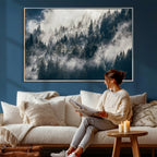 Foggy Mountain Forest Canvas Print, Misty Pine Trees Nature Wall Art