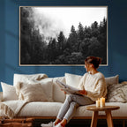 Black White Forest Wall Art Canvas Print, Misty Pine Tree Landscape