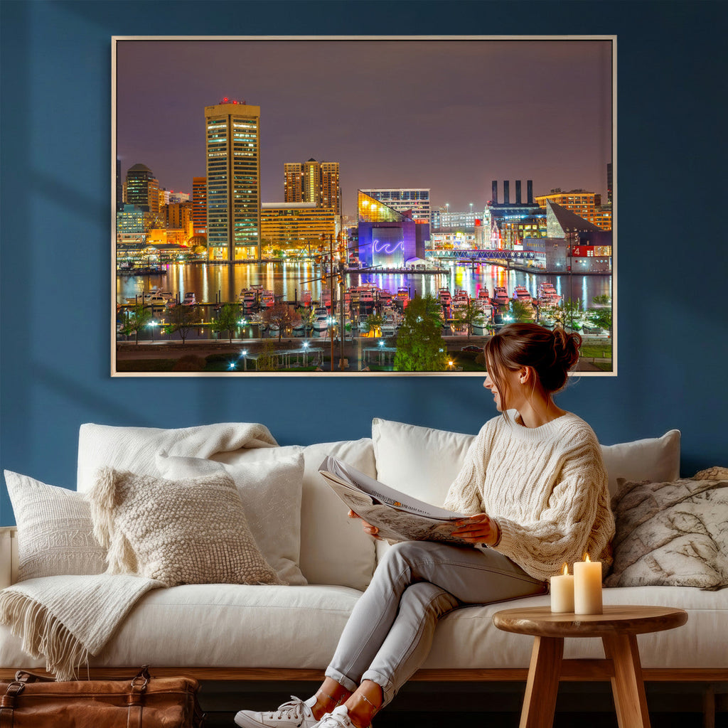 Baltimore Skyline Wall Art Canvas Print, Baltimore Downtown Night Cityscape