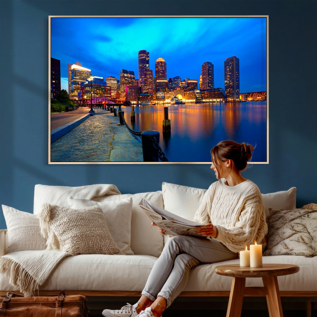 Boston Wall Art Canvas Print, Boston City Downtown Night Cityscape