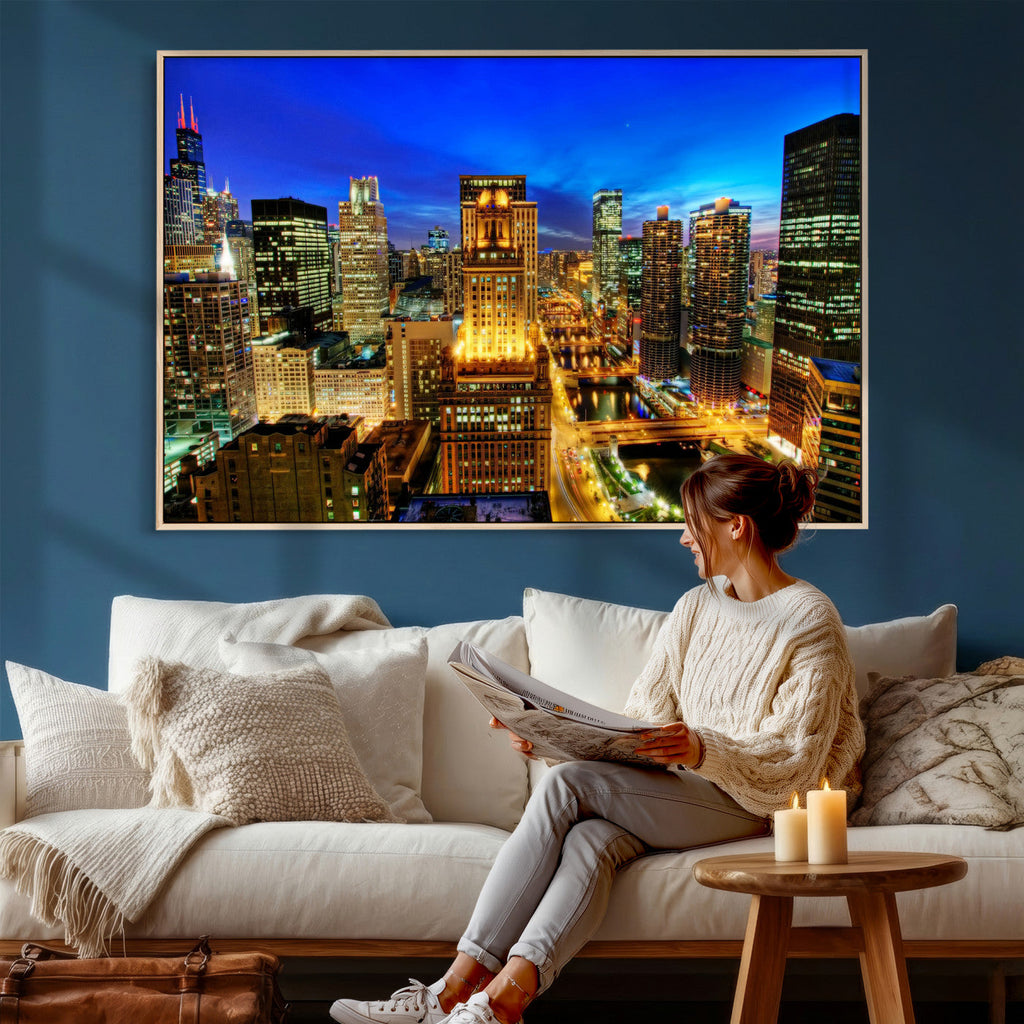 Chicago Wall Art Canvas Print - Chicago City Downtown Night Cityscape
