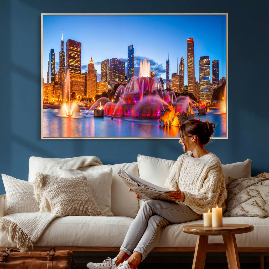 Chicago Wall Art Canvas Print, Chicago City Downtown Night Cityscape