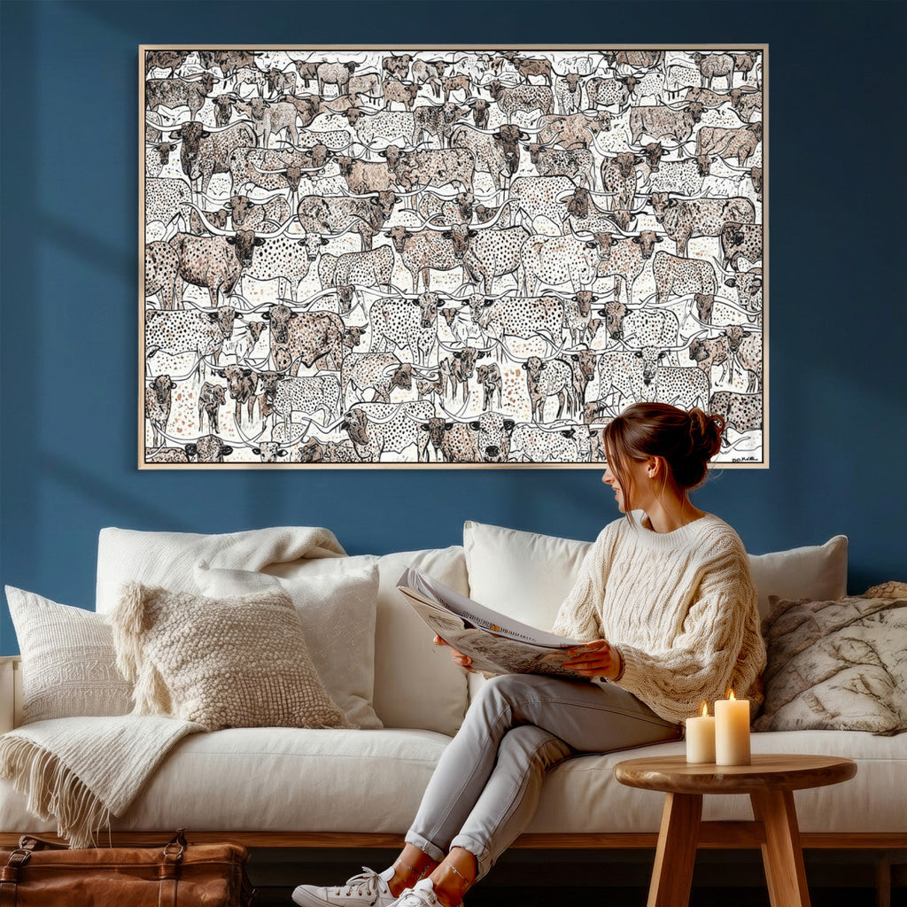 Abstract Texas Cow Wall Art Canvas Print, Farm Longhorn Art for Cabin Decor