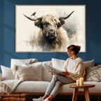 Abstract Highland Cow Wall Art Canvas Print, Rustic Farm Cattle Portrait