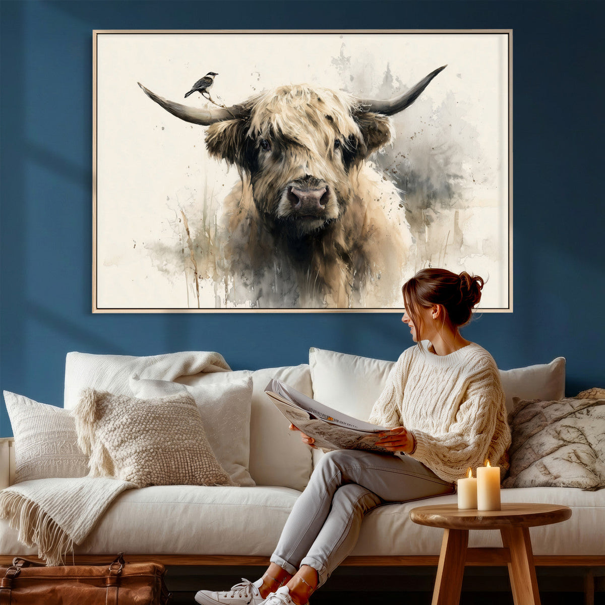 Abstract Highland Cow Wall Art Canvas Print, Rustic Farm Cattle Portrait