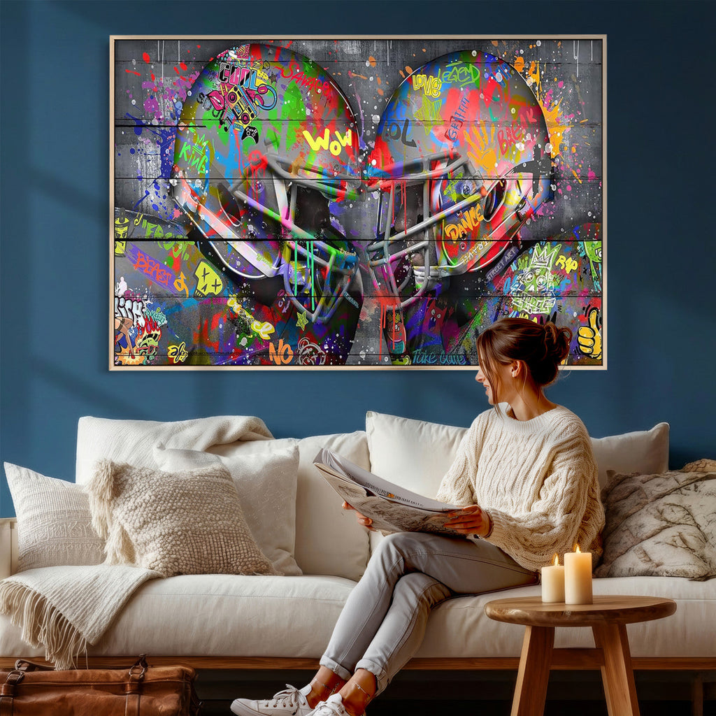 Graffiti Football Helmets Wall Art Canvas Print, Urban Street Art