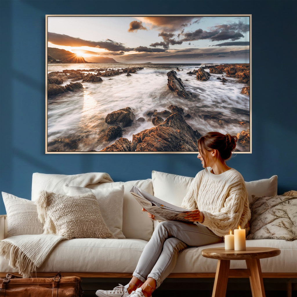 Rocky Coast Ocean Sunset Wall Art Canvas Print, Dramatic Seascape Nature Decor