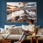 Rocky Coast Ocean Sunset Wall Art Canvas Print, Dramatic Seascape Nature Decor