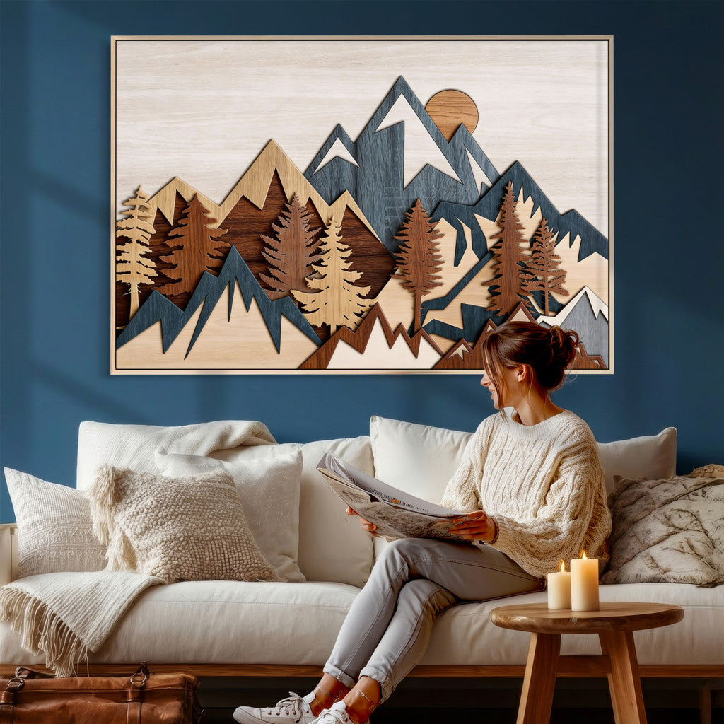 Layered Wooden Mountain Wall Art Canvas Print, Modern Rustic Forest and Pine Landscape