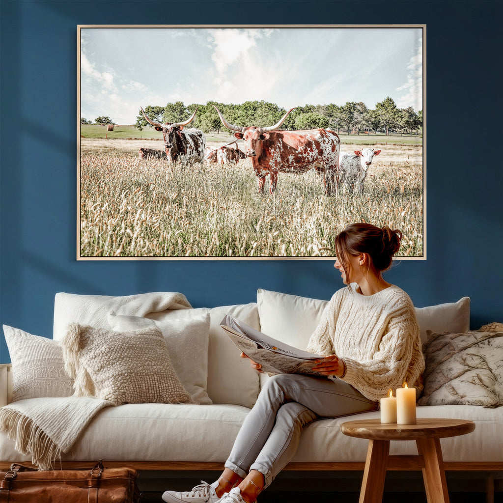Texas Longhorn Cattle Wall Art Canvas Print, Western Ranch Landscape Decor