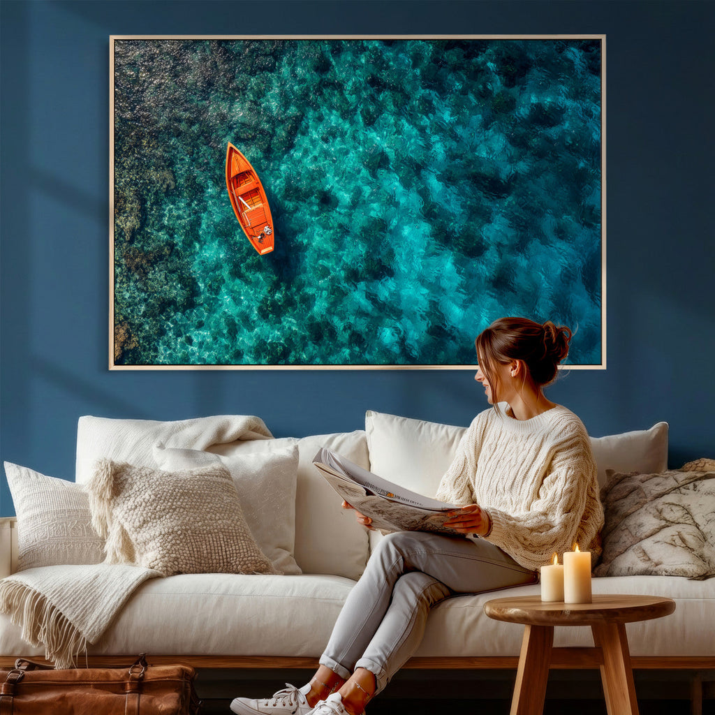 Turquoise Ocean Boat Wall Art Canvas Print