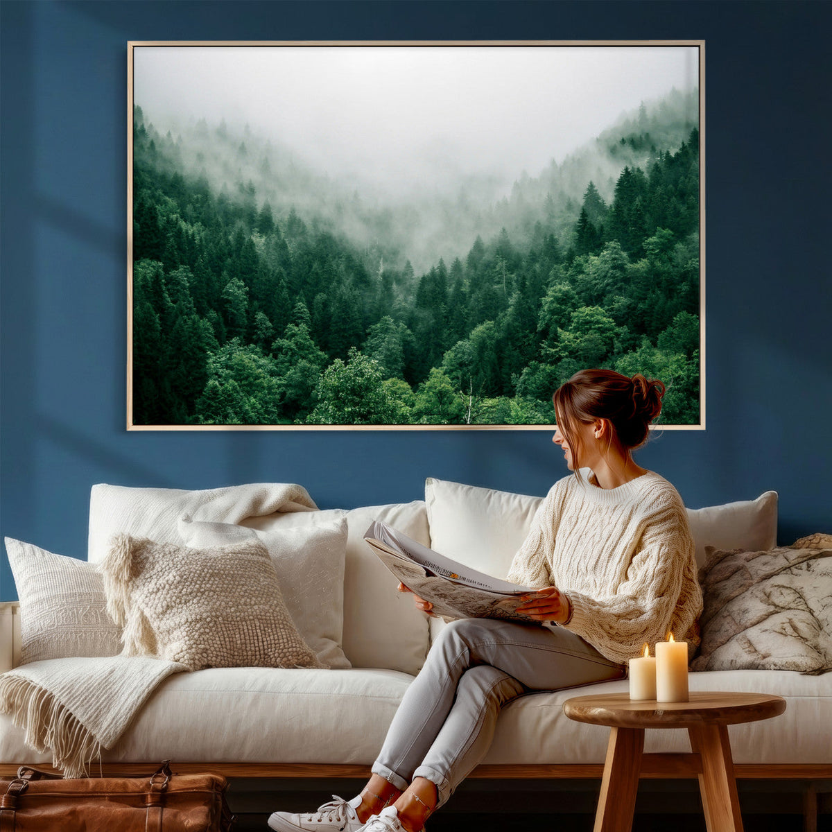 Misty Pine Forest Wall Art Canvas Print, Foggy Evergreen Landscape