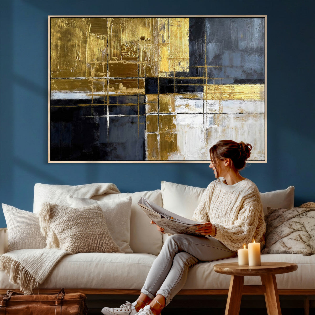 Gold Navy Abstract Wall Art Canvas Print, Modern Luxury Geometric Art for Living Room and Office