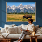 Bison in Mountain Landscape Wall Art Canvas Print, Western Decor
