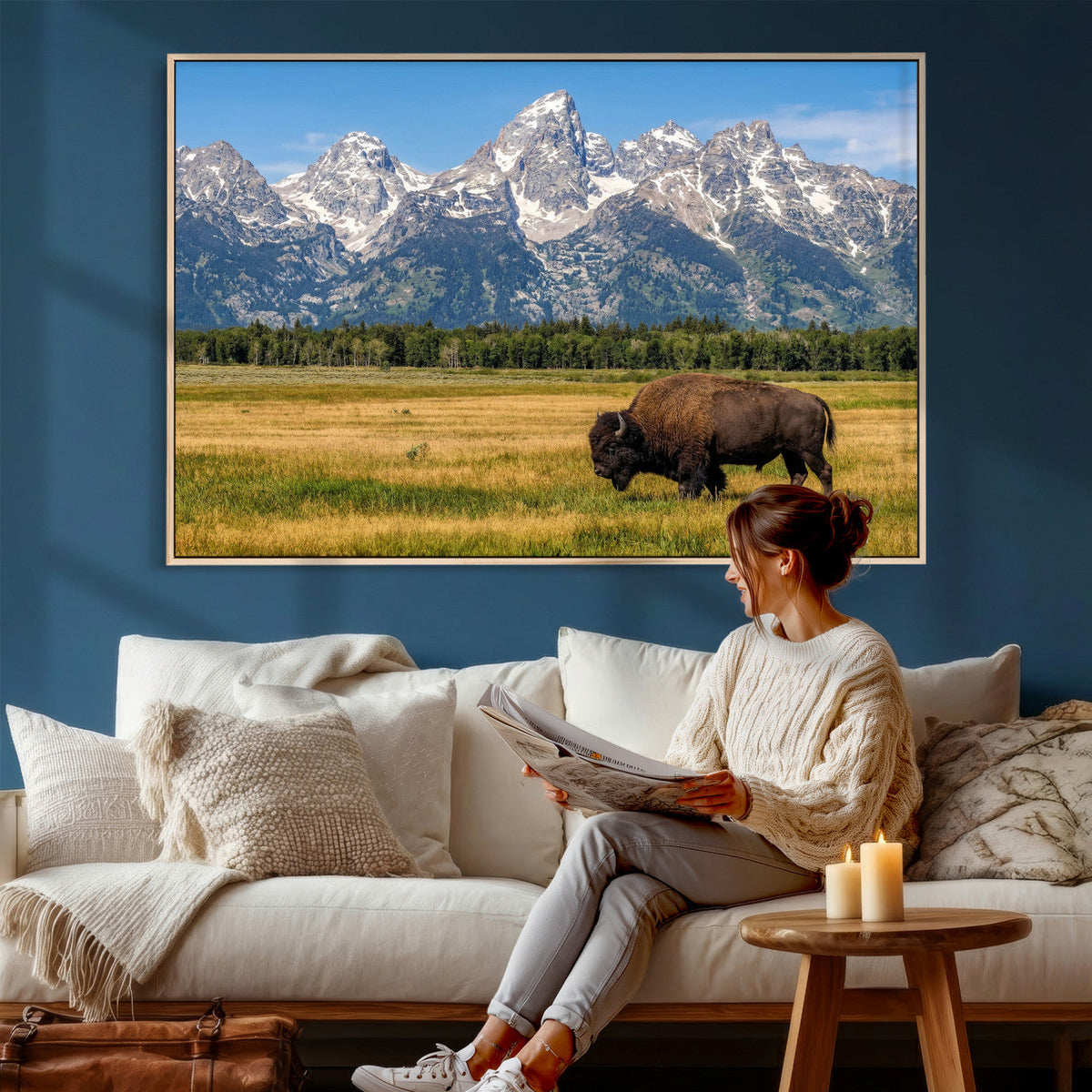 Bison in Mountain Landscape Wall Art Canvas Print, Western Decor