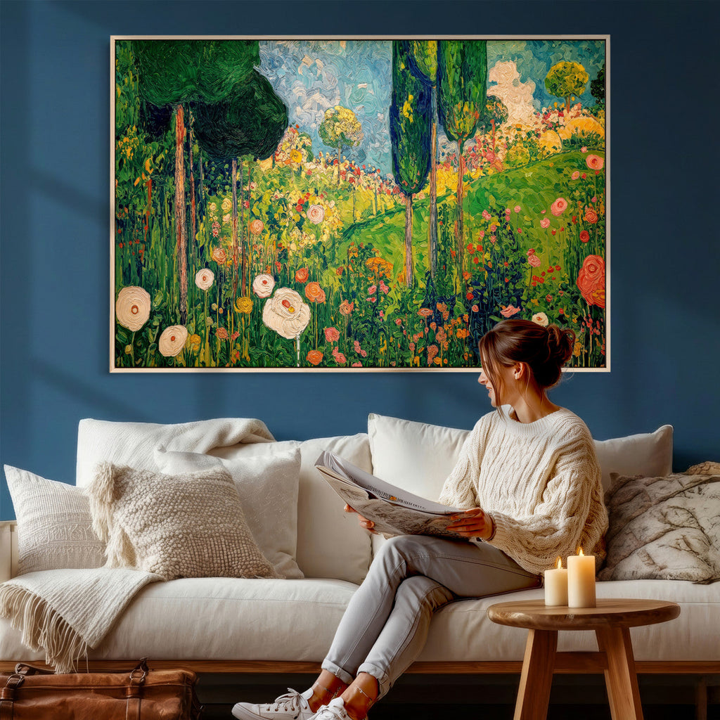 Gustav Klimt Boho Mountain Landscape Large Wall Art, Gold Sun and Flowers Print