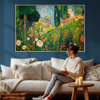 Gustav Klimt Boho Mountain Landscape Large Wall Art, Gold Sun and Flowers Print