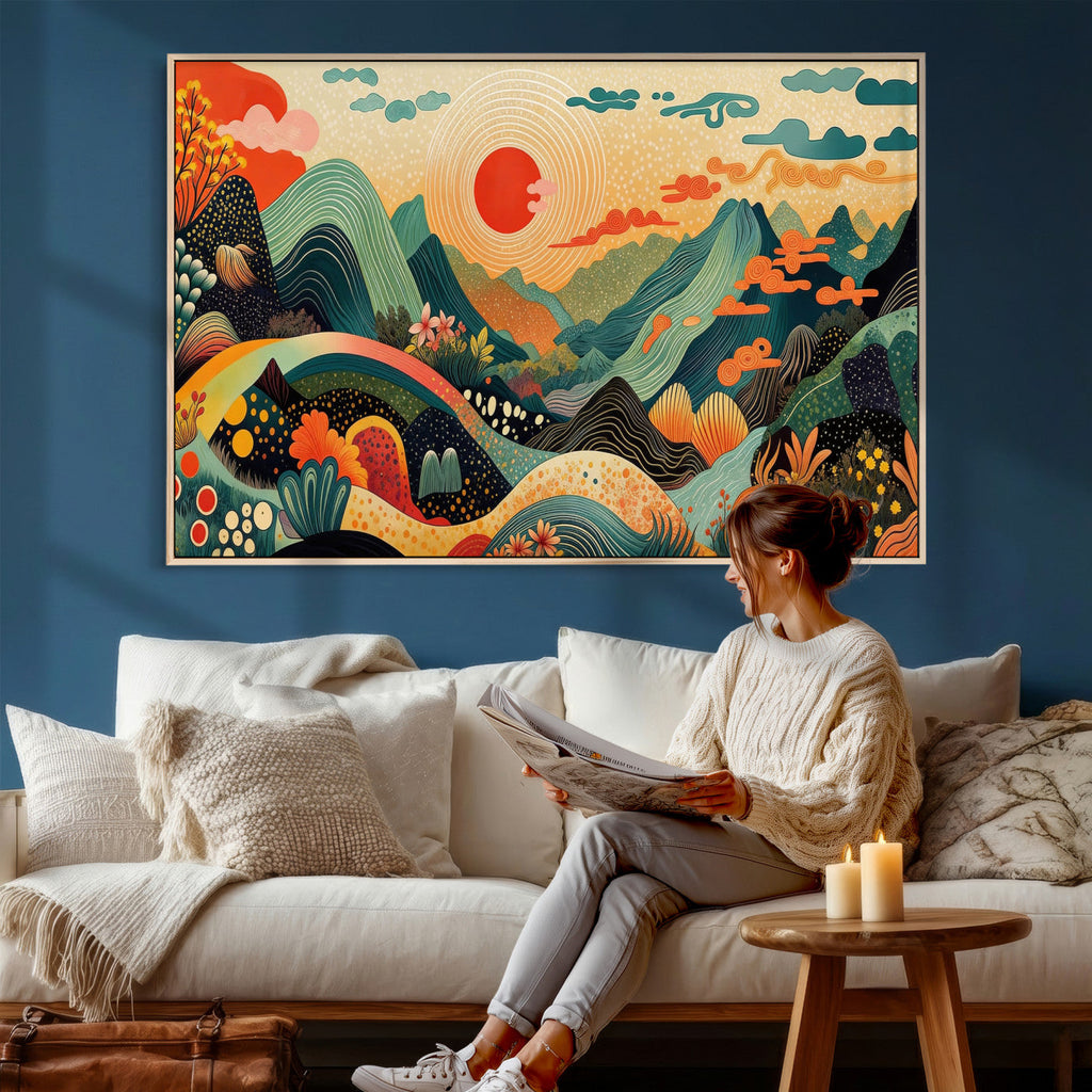 Yayoi Kusama Boho Mountain Landscape Large Wall Art, Gold Sun and Flowers Print
