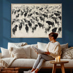 Longhorn Cattle Canvas Wall Art, Black White Stampede Ink