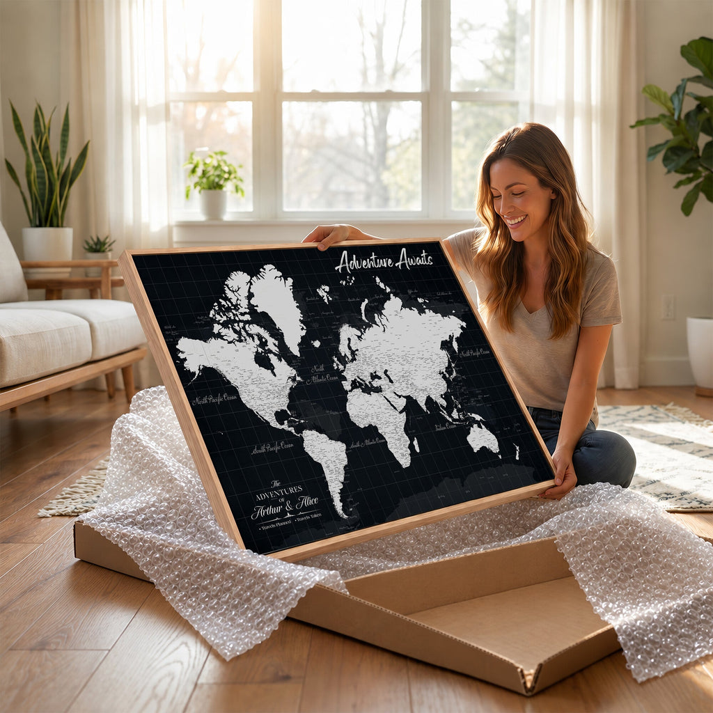 Personalized Black Push Pin Travel Map Canvas Print, Couples Countries Visited Map, Entryway and Hallway Decor