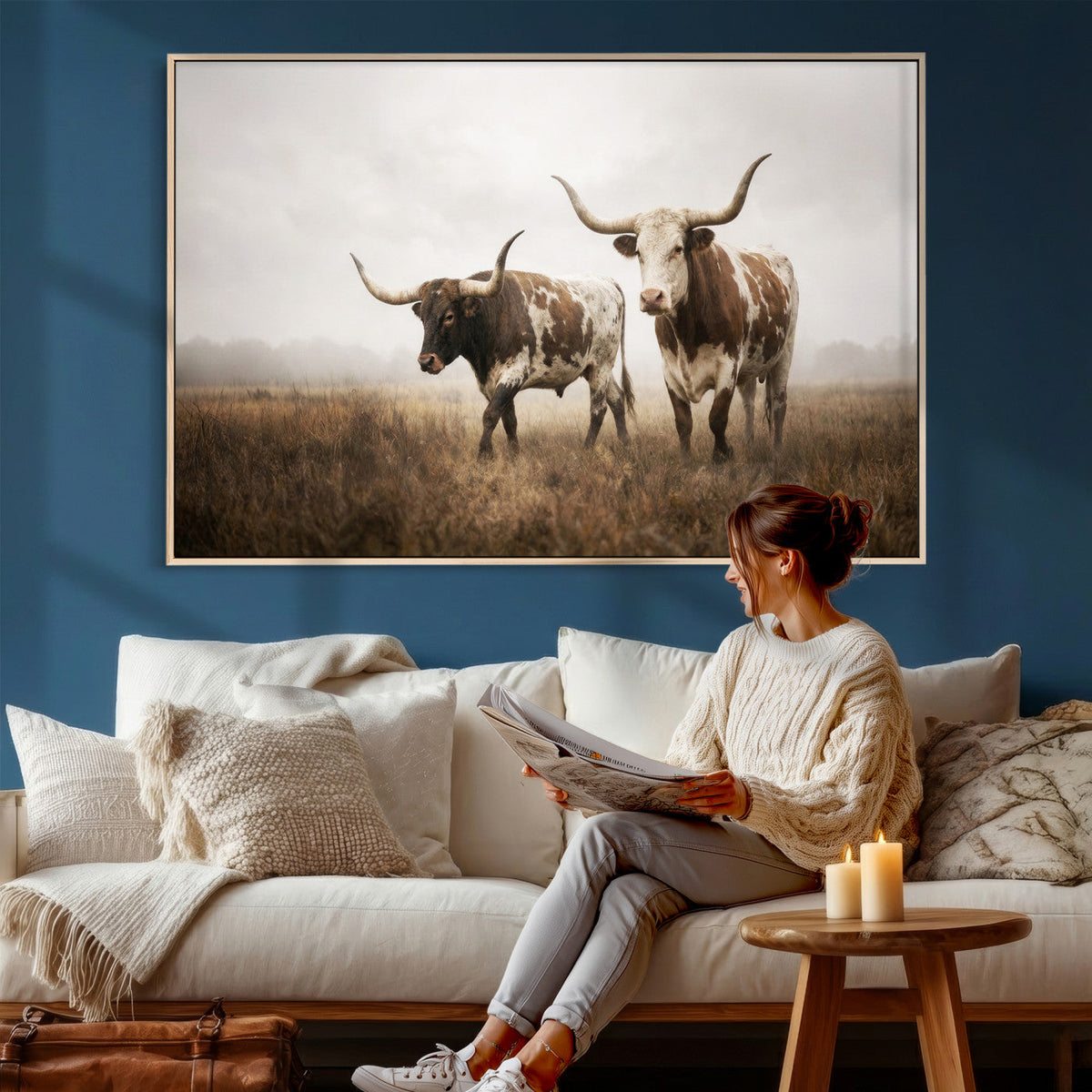 Texas Longhorn Canvas Wall Art Western Bull Desert, Rustic Farmhouse Wall Decor