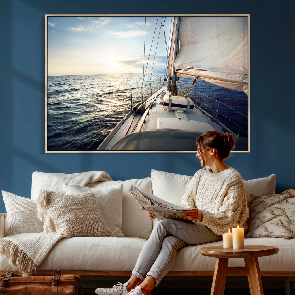 Sailboat Wall Art Canvas Print, Ocean Sunset Sailing Framed Artwork