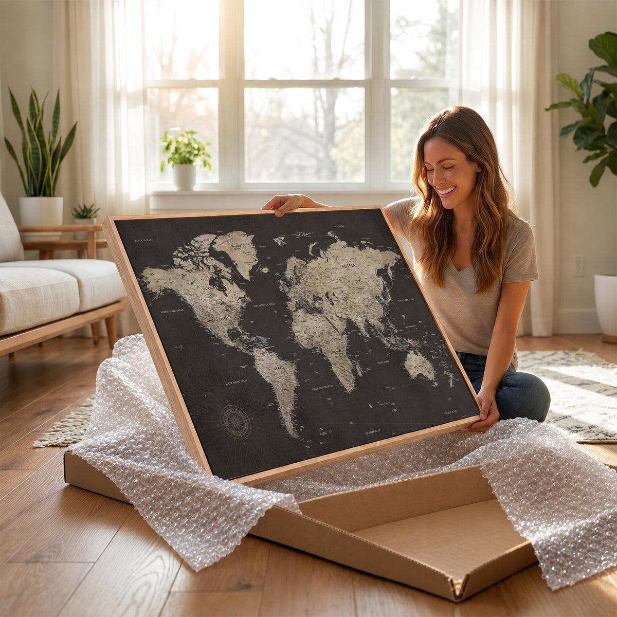World Map Canvas Wall Art, Dark Charcoal and Antique Tan Detailed Map