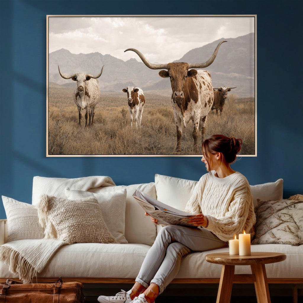Rustic Texas Longhorn Cow Canvas Wall Art Print, Farm Animal Photography