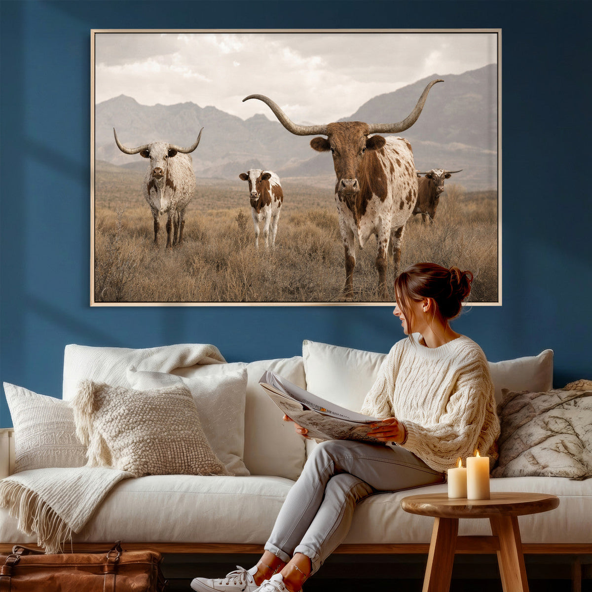 Rustic Texas Longhorn Cow Canvas Wall Art Print, Farm Animal Photography