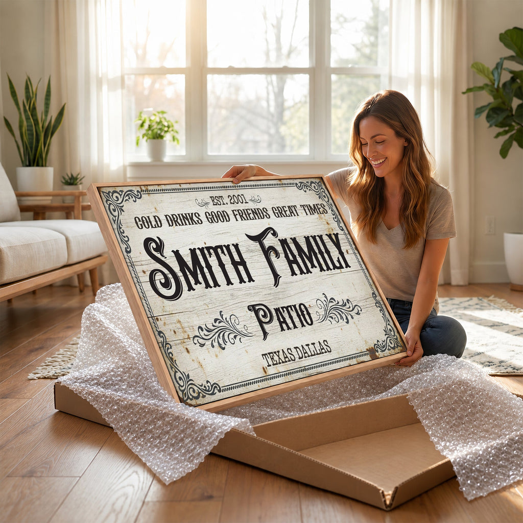 Custom Family Patio Sign Canvas, Personalized Rustic Backyard Decor