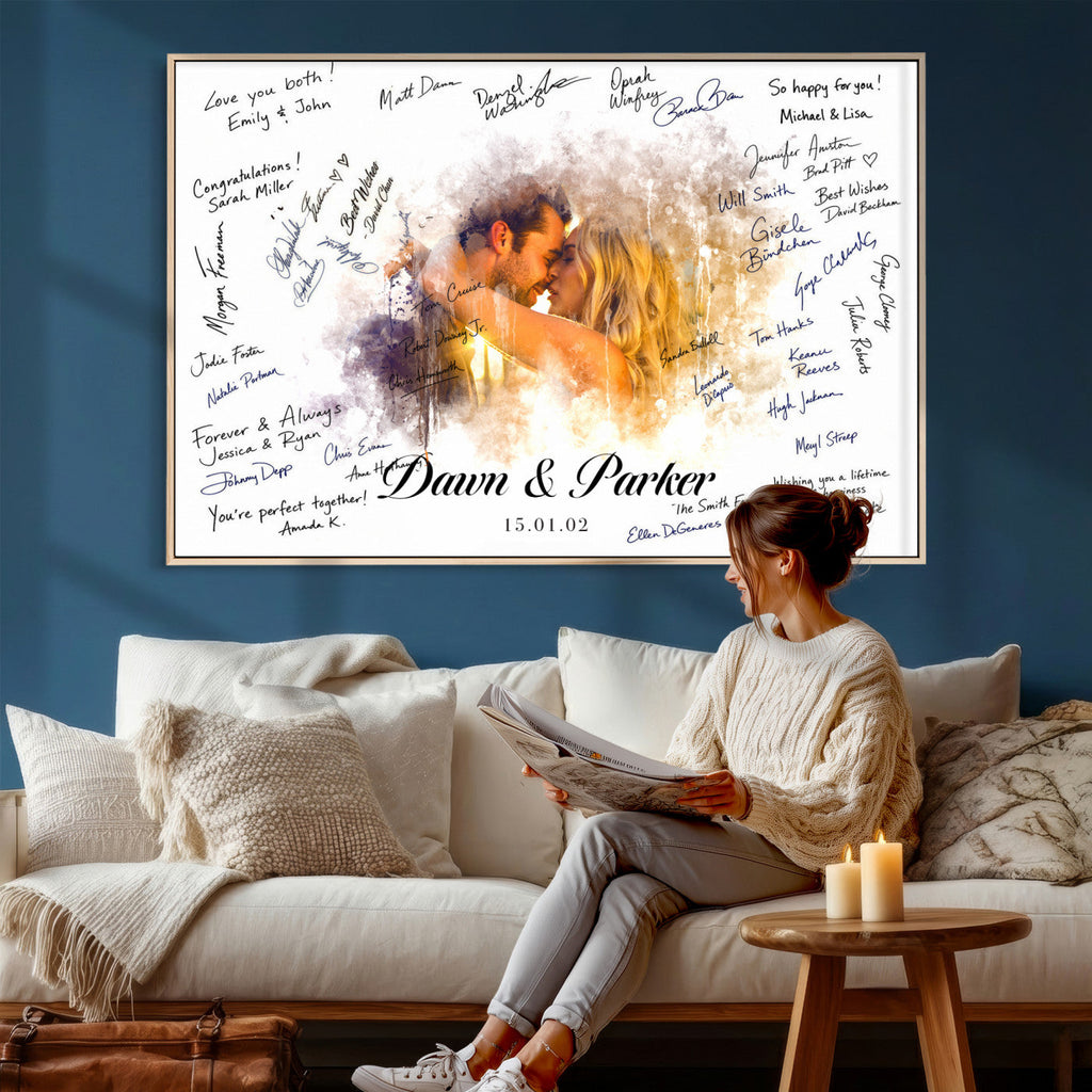 Ink Splash Wedding Guest Book Canvas, Personalized Couple Photo Sign