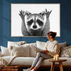 Funny Raccoon Canvas Wall Art, Black White Hands Up Animal Photo Print