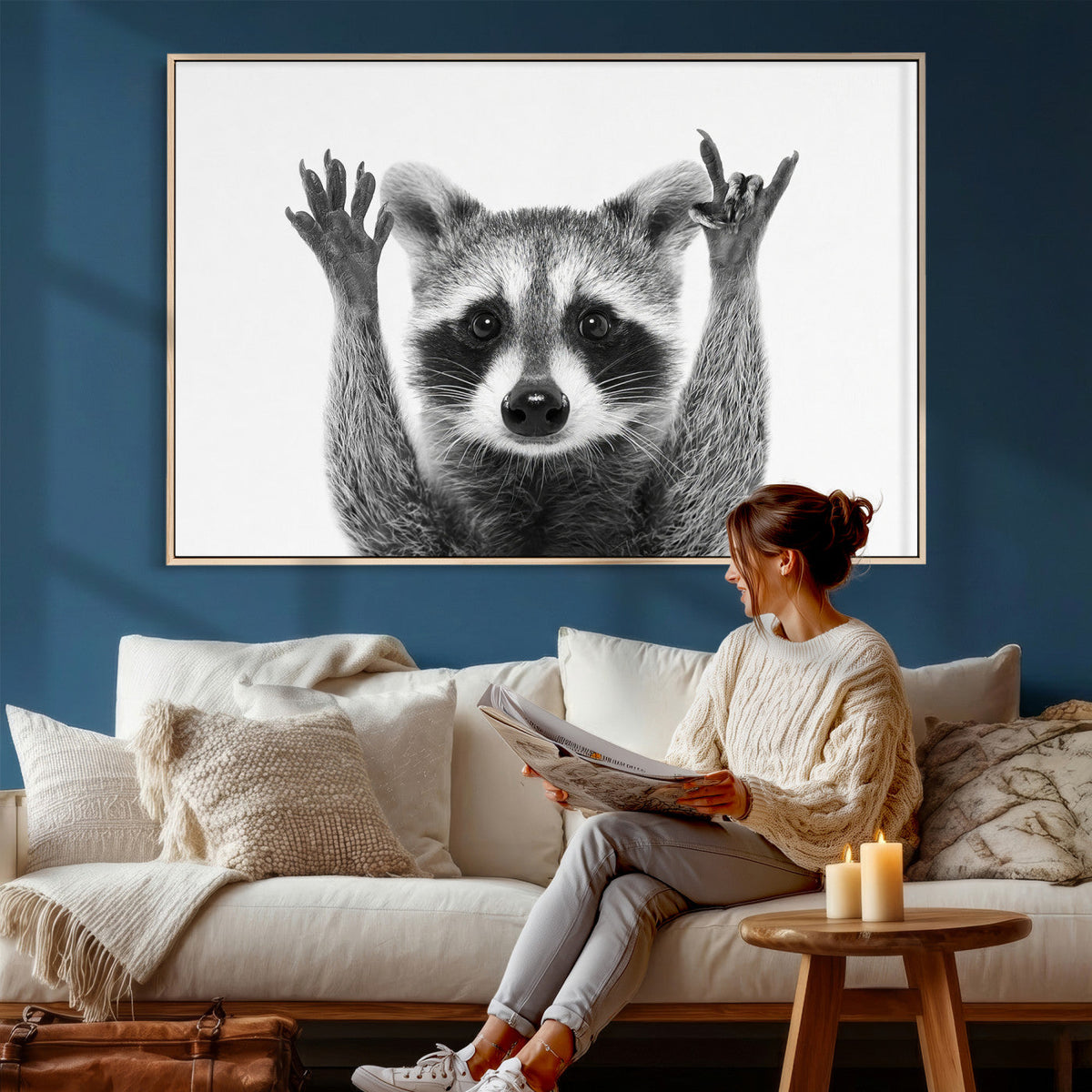 Funny Raccoon Canvas Wall Art, Black White Hands Up Animal Photo Print