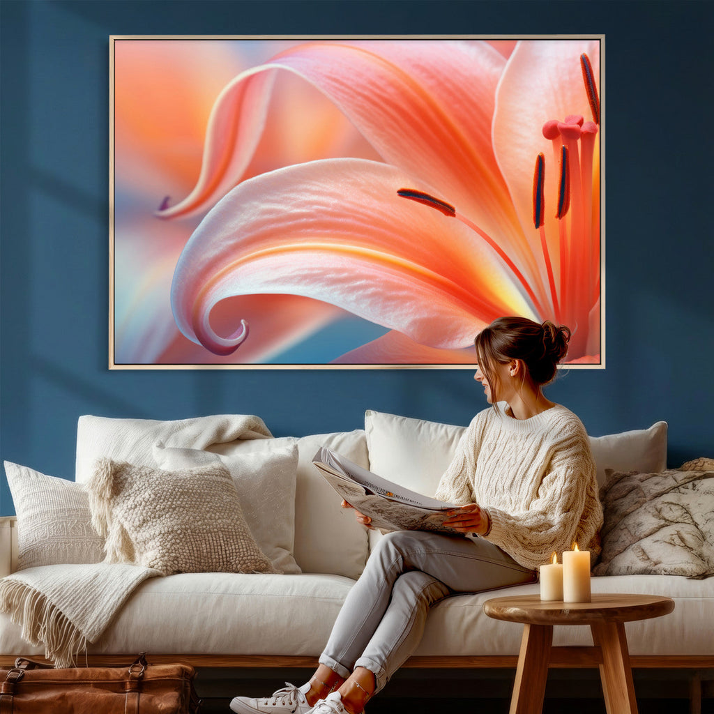 Peach Lily Canvas Wall Art, Coral Pink Flower Macro Photo Print, Botanical Decor