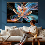 Fractal Lotus Canvas Wall Art, Blue Orange Glowing Flower Abstract Print