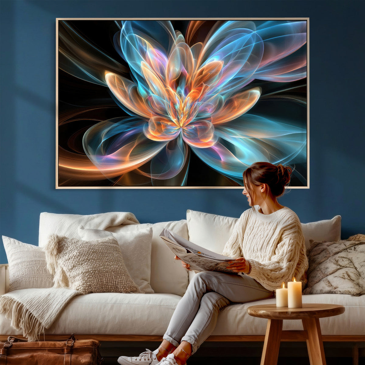 Fractal Lotus Canvas Wall Art, Blue Orange Glowing Flower Abstract Print